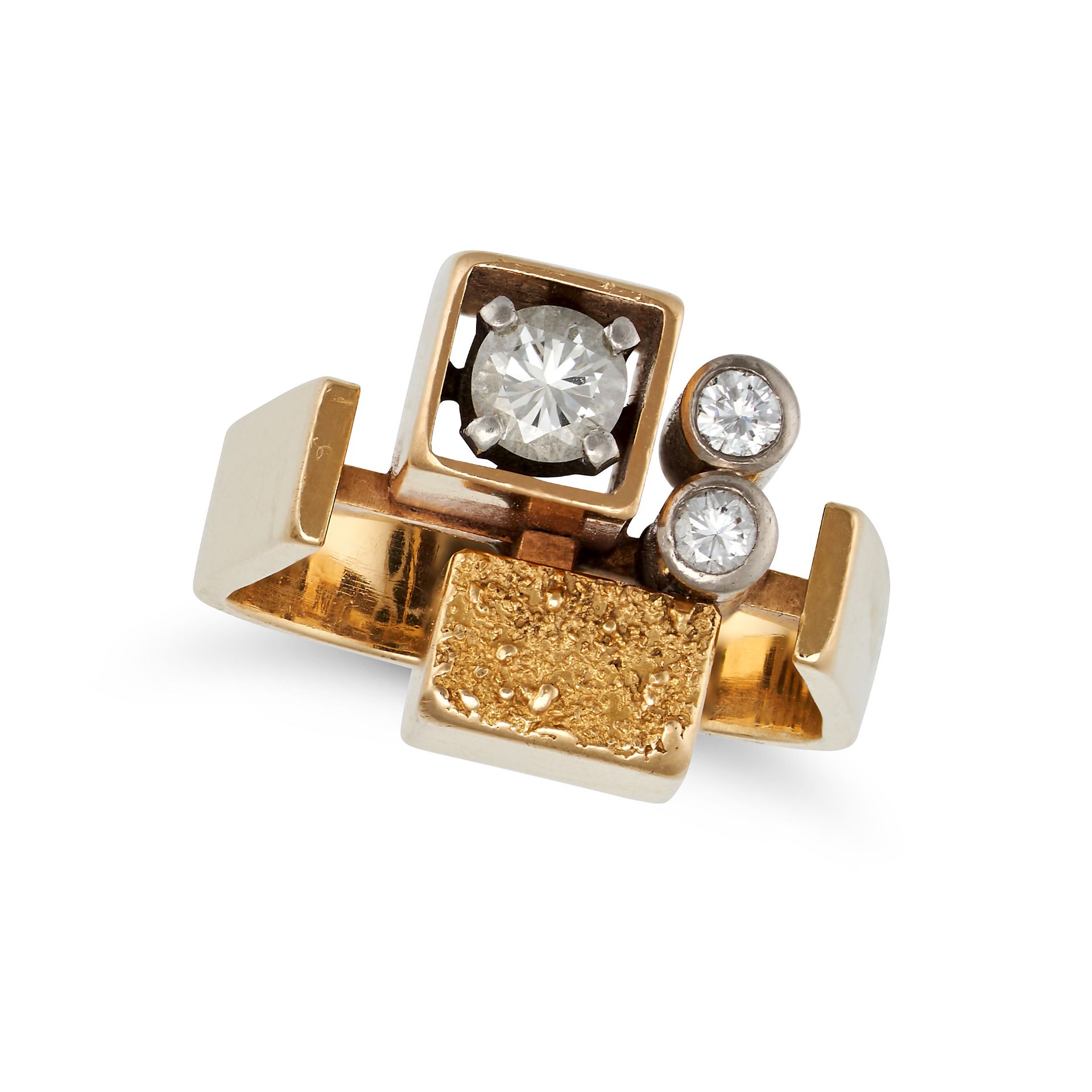 A MODERNIST DIAMOND DRESS RING in 18ct yellow gold, the square band set with three round brillian...
