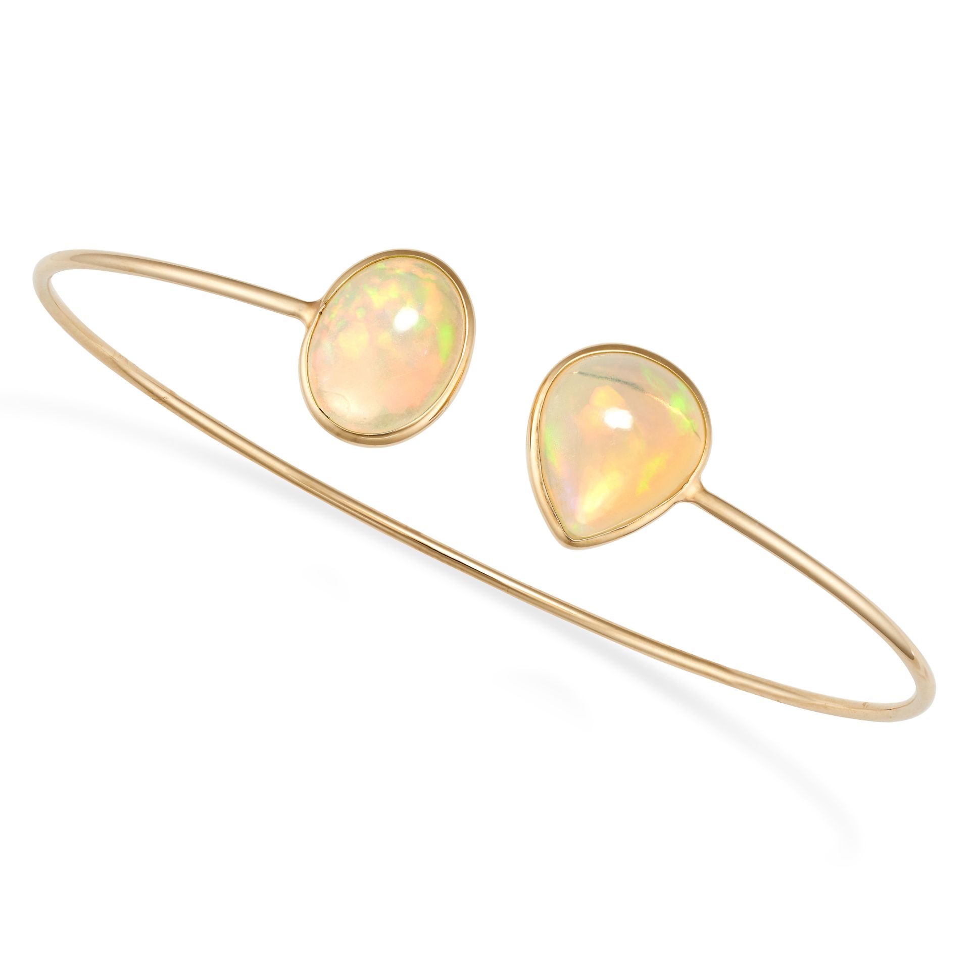 AN OPAL BANGLE in 18ct yellow gold, designed as an open cuff terminated at each end with an oval ...