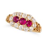 AN ANTIQUE RUBY AND DIAMOND RING in 18ct yellow gold, set with three round cut rubies in a border...