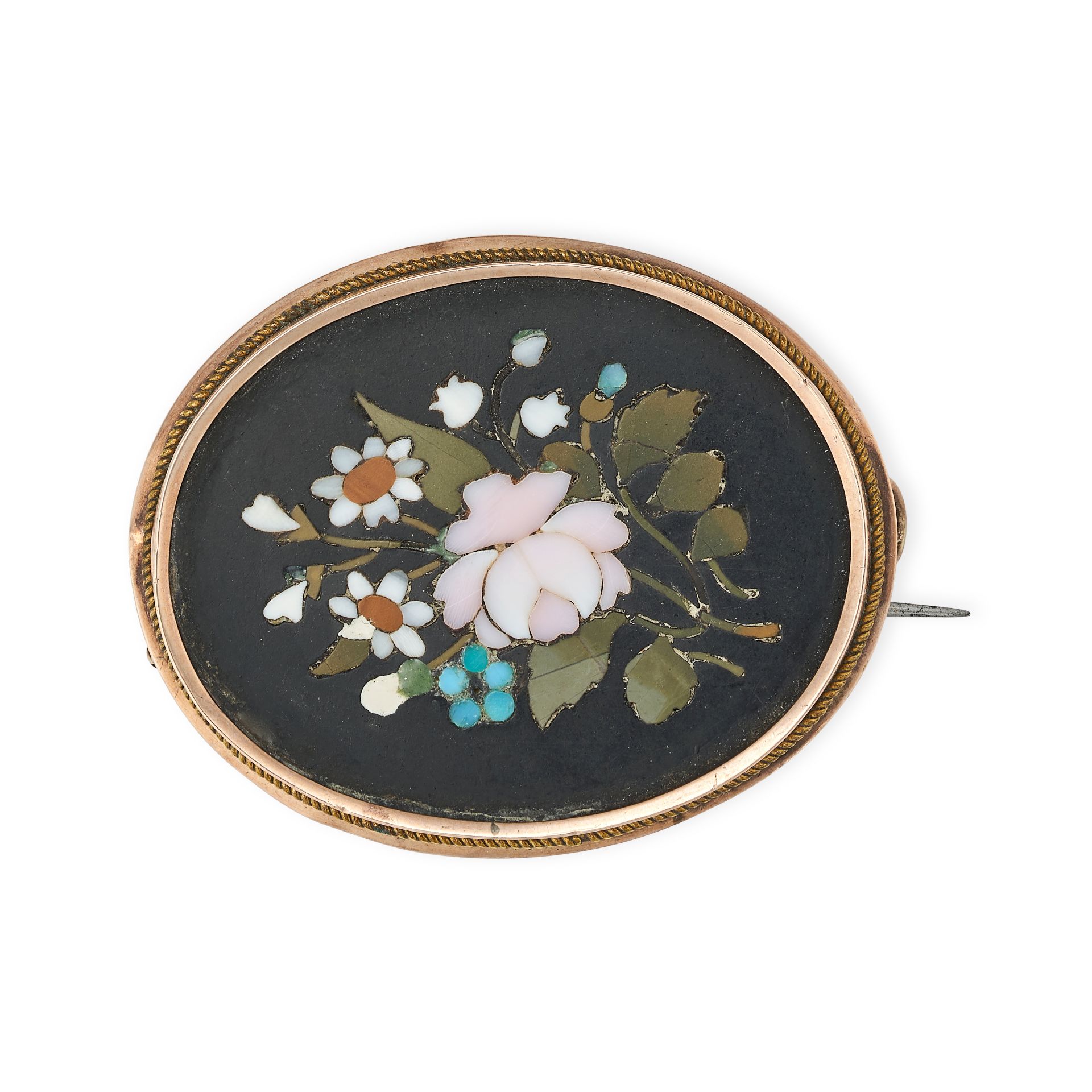 AN ANTIQUE PIETRA DURA BROOCH in yellow gold, the oval face set with varicoloured hardstone depic...
