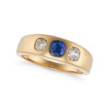 A SAPPHIRE AND DIAMOND GYPSY RING in 18ct yellow gold, set with a cushion cut sapphire accented o...