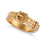 AN ANTIQUE BELT BUCKLE RING in yellow gold, the belt with an engraved design, no assay marks, siz...