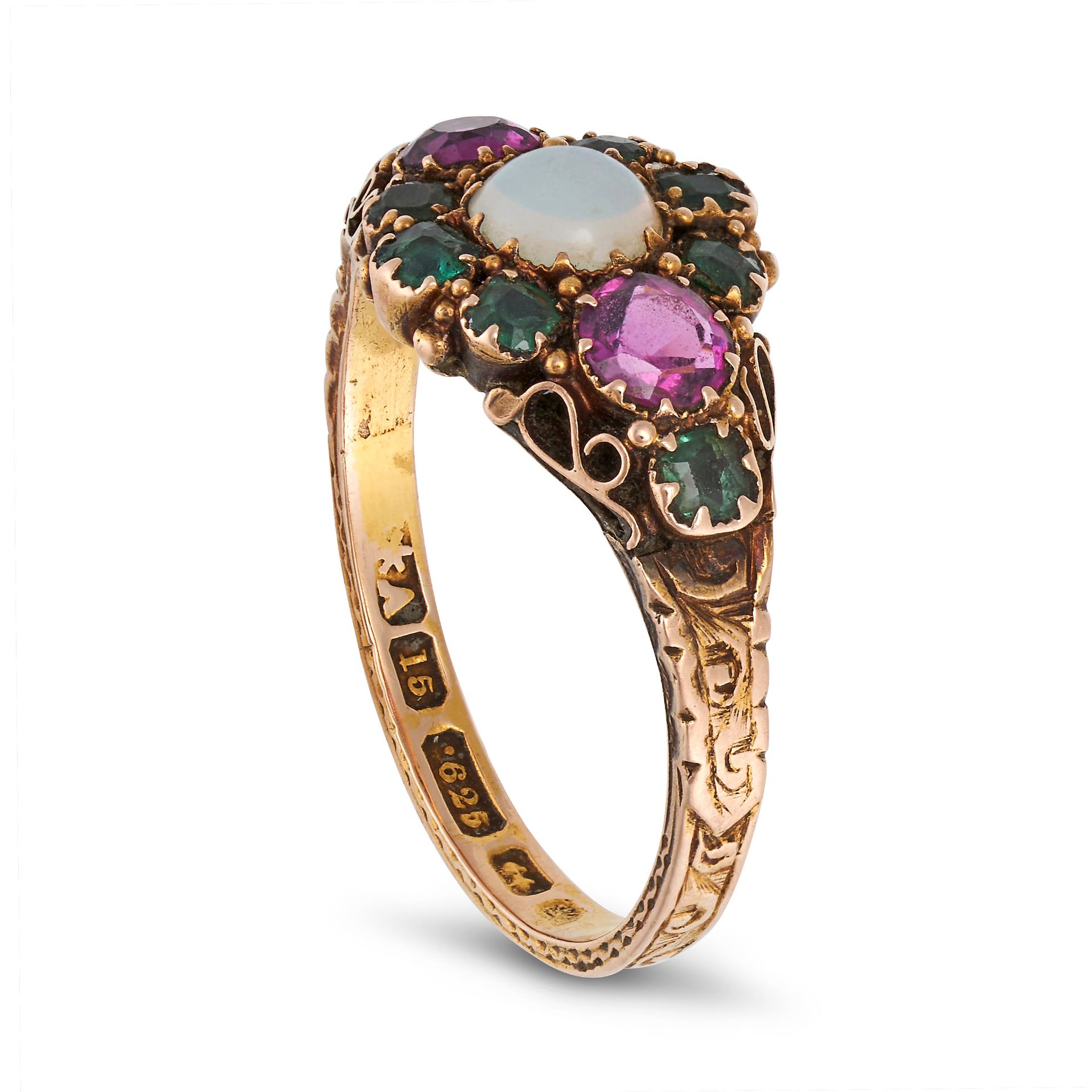 AN ANTIQUE VICTORIAN OPAL, GARNET AND GREEN PASTE RING in 15ct yellow gold, set with a cabochon o... - Bild 2 aus 2