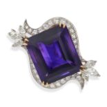 AN AMETHYST AND DIAMOND BROOCH in platinum and yellow gold, set with an octagonal step cut amethy...