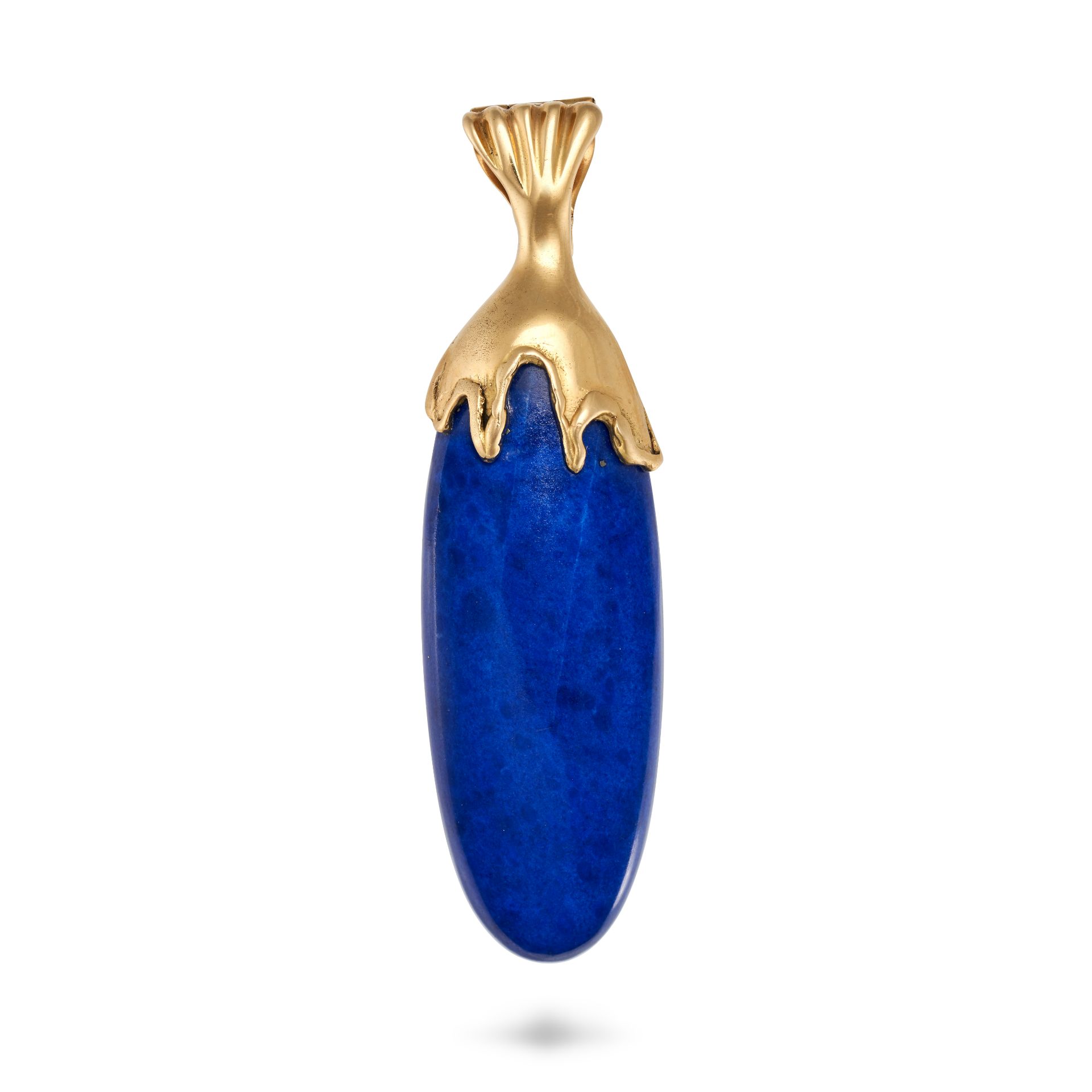 A LAPIS LAZULI PENDANT in 18ct yellow gold, set with a cabochon lapis lazuli in a stylised gold s...