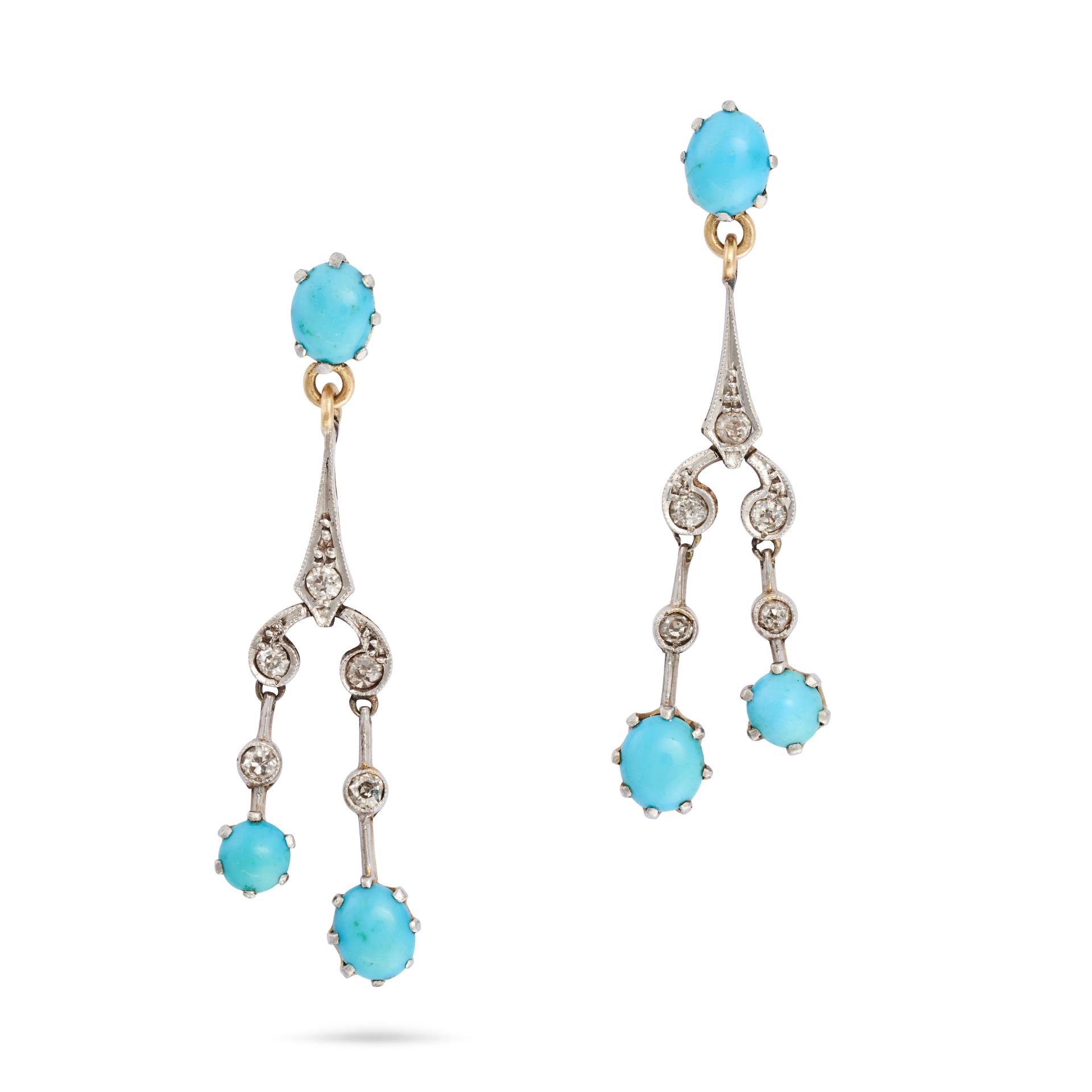 A PAIR OF ANTIQUE TURQUOISE AND DIAMOND DROP EARRINGS in yellow gold and silver, each set with an...