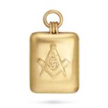 AN ANTIQUE GOLD MASONIC LOCKET PENDANT in yellow gold, the rectangular face with the compasses an...