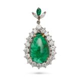 AN EMERALD AND DIAMOND PENDANT in 18ct white gold, set with a pear shaped cabochon emerald of app...