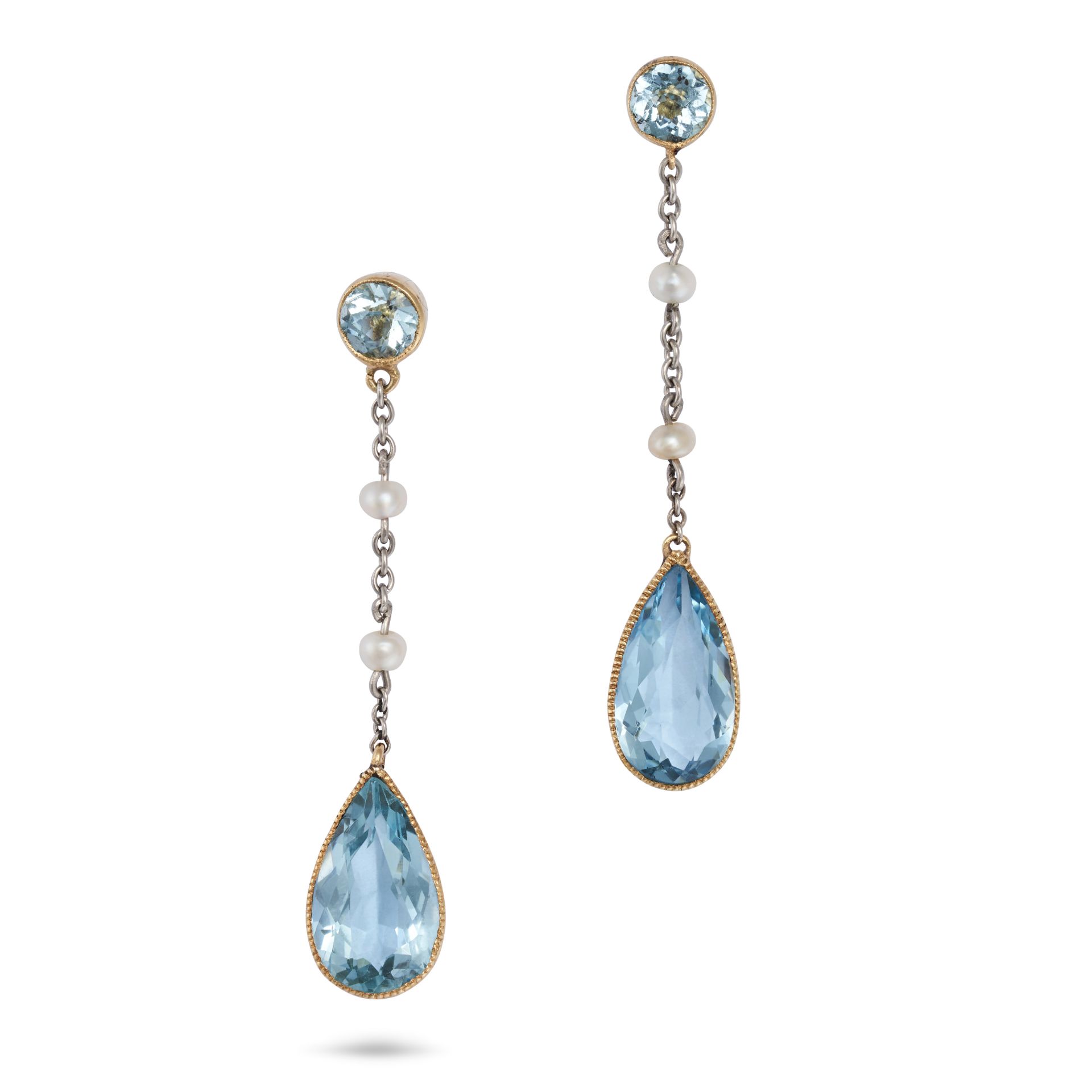 A PAIR OF AQUAMARINE AND PEARL DROP EARRINGS in yellow gold, each set with a round cut aquamarine...