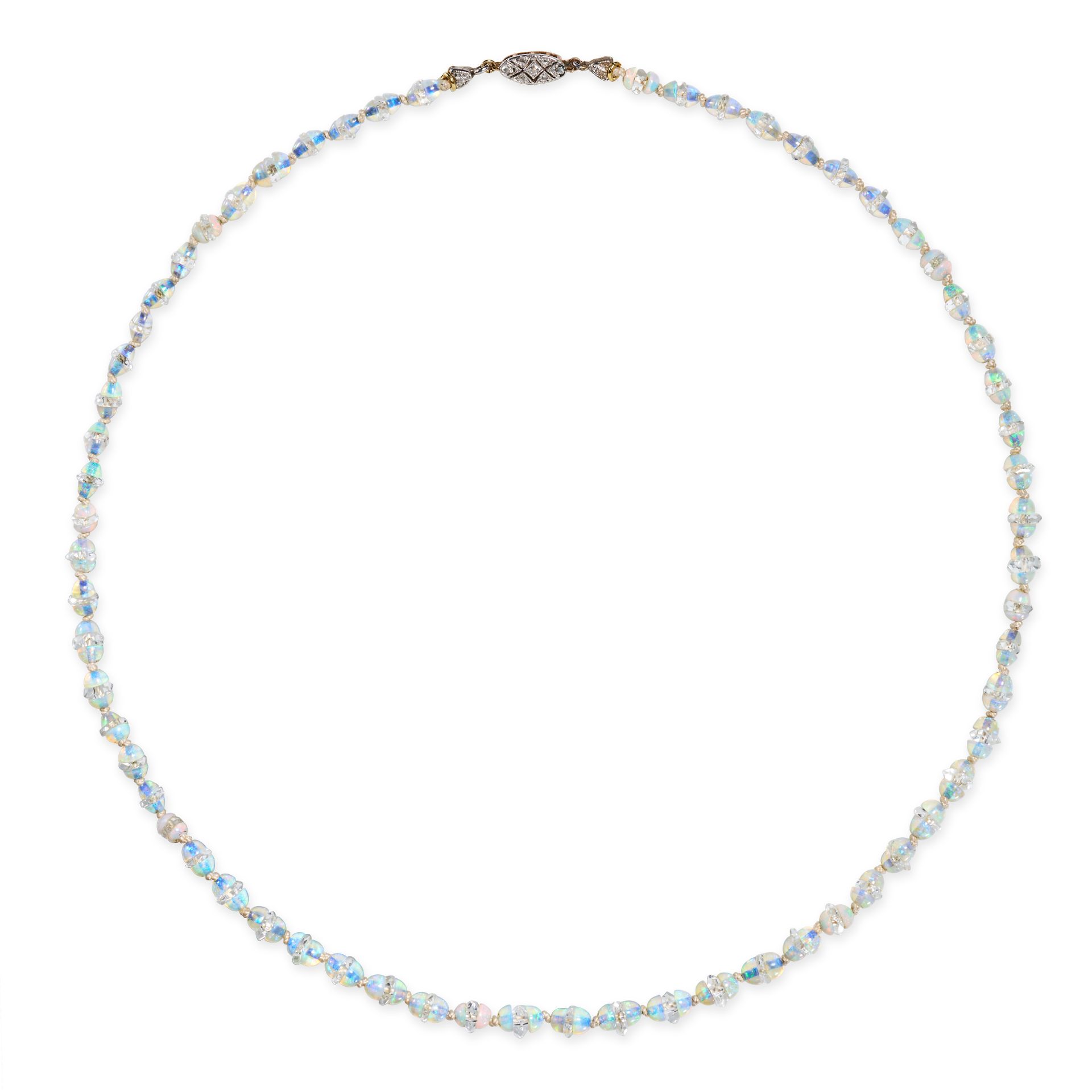 AN OPAL, ROCK CRYSTAL AND DIAMOND NECKLACE comprising a row of opal beads accented by faceted roc...