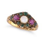 AN ANTIQUE VICTORIAN OPAL, GARNET AND GREEN PASTE RING in 15ct yellow gold, set with a cabochon o...