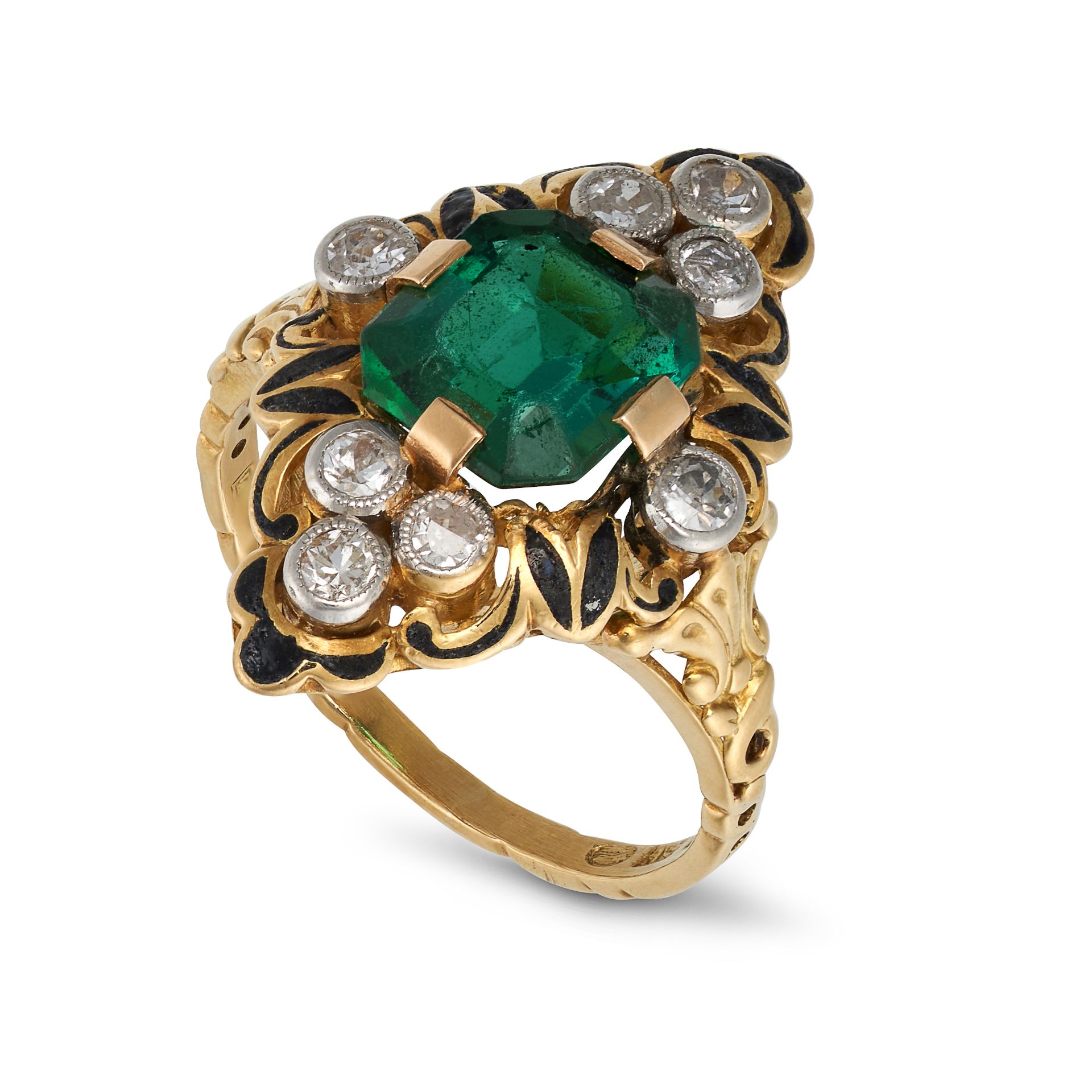 A GREEN TOURMALINE, DIAMOND AND ENAMEL DRESS RING in 18ct yellow gold, set with an octagonal step...
