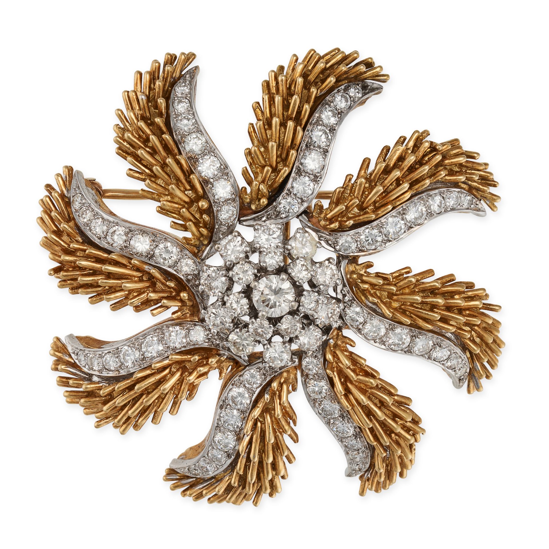 A DIAMOND STARBURST BROOCH in 18ct yellow gold, set to the centre with a cluster of round brillia...