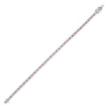 A PINK SAPPHIRE AND DIAMOND LINE BRACELET in 18ct white gold, comprising a row of alternating squ...