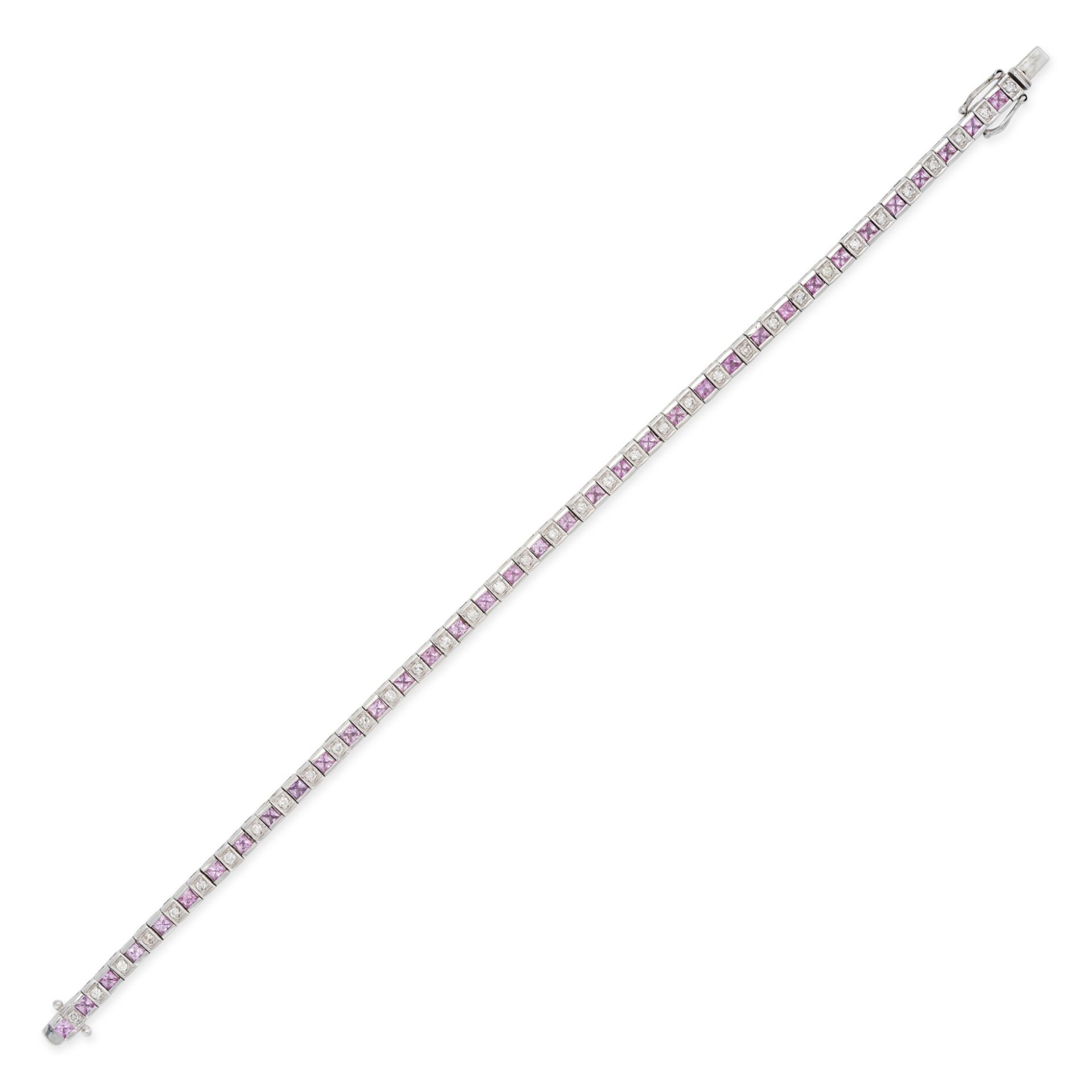 A PINK SAPPHIRE AND DIAMOND LINE BRACELET in 18ct white gold, comprising a row of alternating squ...