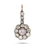 AN ANTIQUE DIAMOND CLUSTER PENDANT in yellow gold, comprising a row of old cut diamonds suspendin...