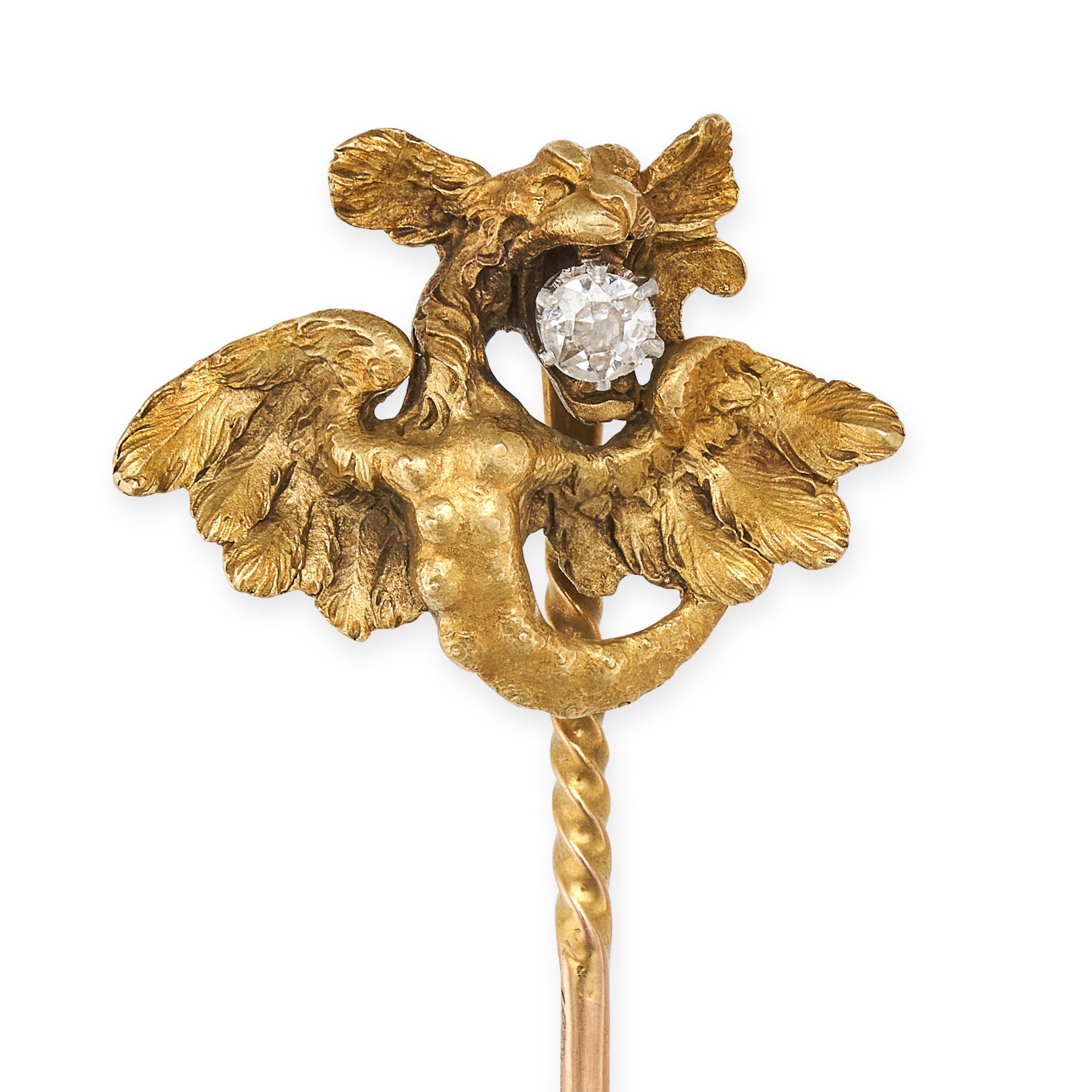 AN ANTIQUE ART NOUVEAU DIAMOND DRAGON STICK PIN in 18ct yellow gold, designed as a dragon holding...