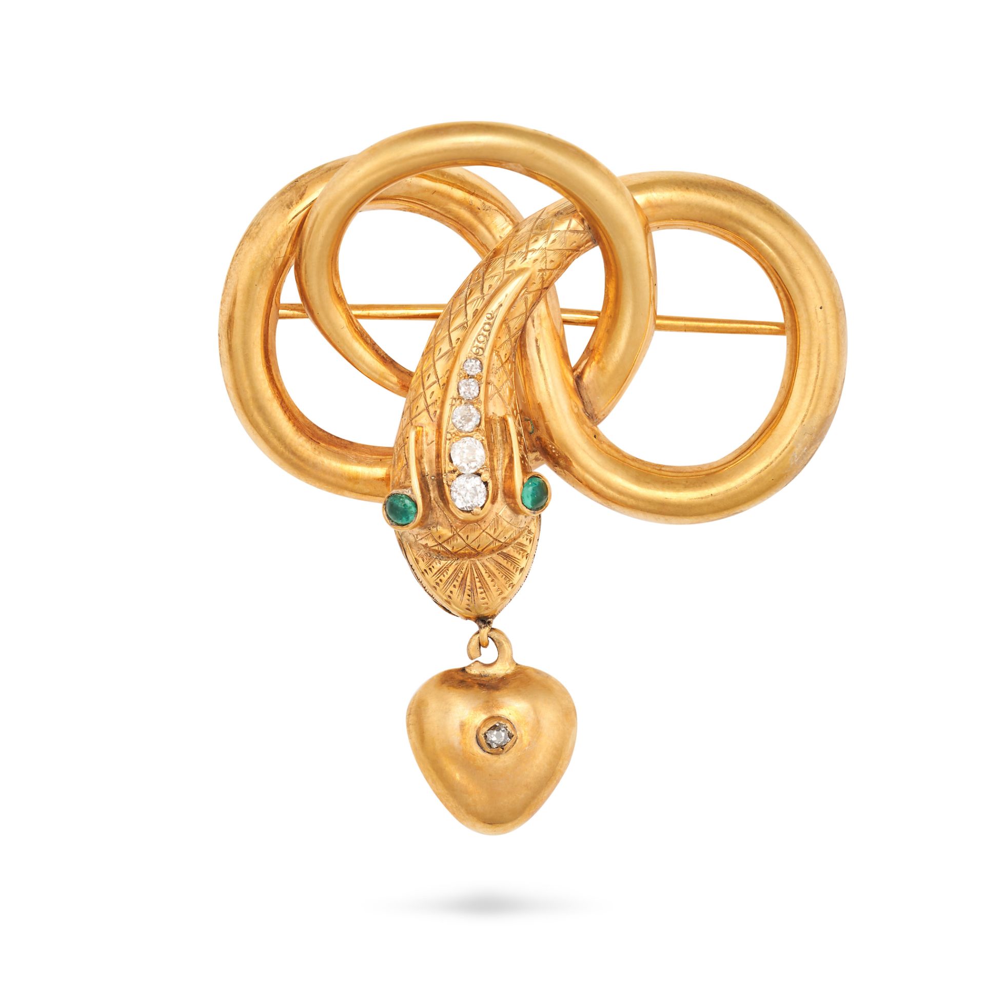 AN ANTIQUE DIAMOND AND EMERALD SNAKE BROOCH in yellow gold, designed as a coiled snake, the head ...