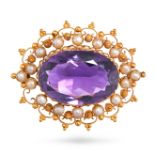 AN ANTIQUE AMETHYST AND PEARL BROOCH in 9ct yellow gold, set with an oval cut amethyst of approxi...