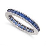 A SAPPHIRE ETERNITY RING in white gold, set all around with a row of square step cut sapphires, n...