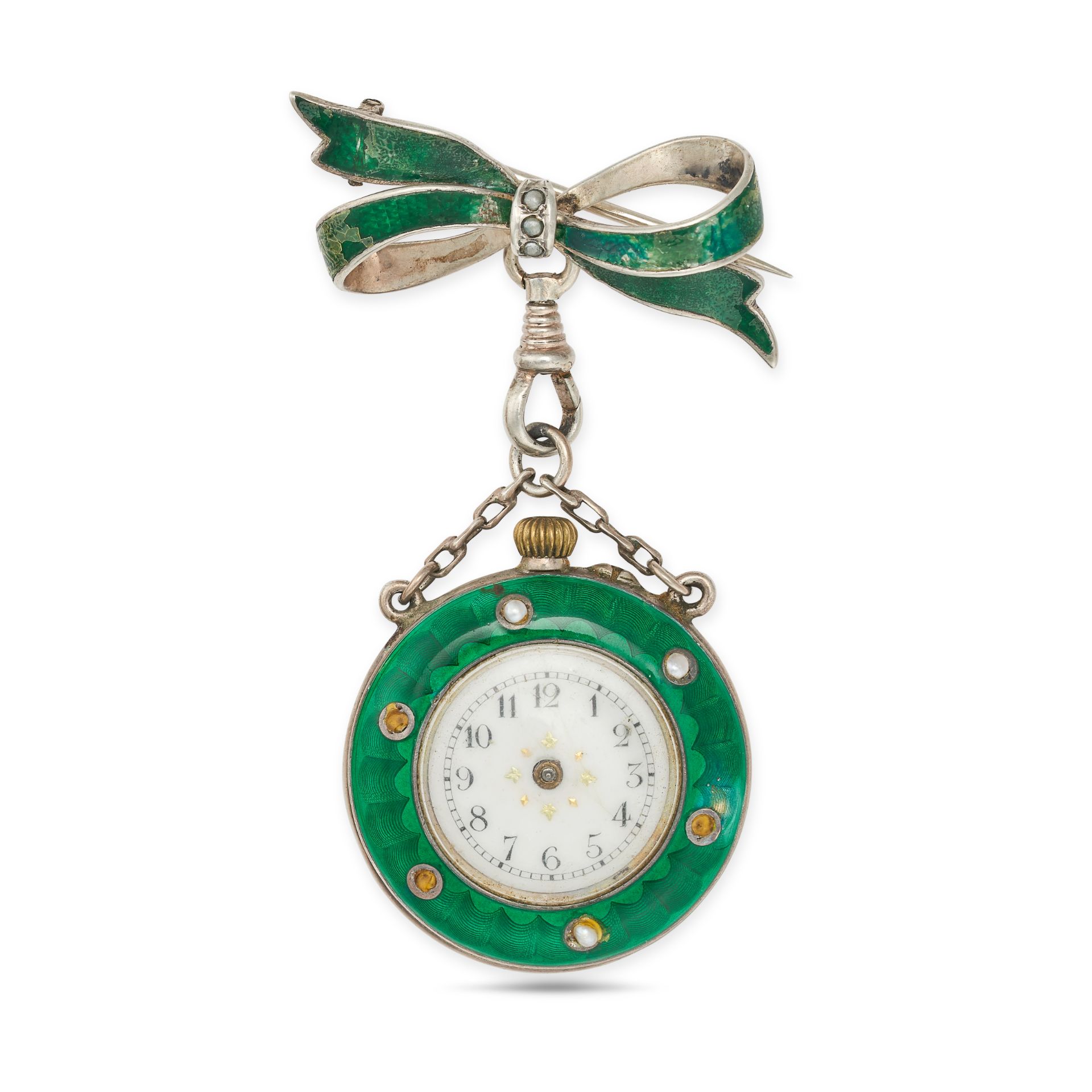NO RESERVE - AN ANTIQUE ENAMEL AND SEED PEARL BOW BROOCH FOB WATCH, comprising an enamelled bow b...