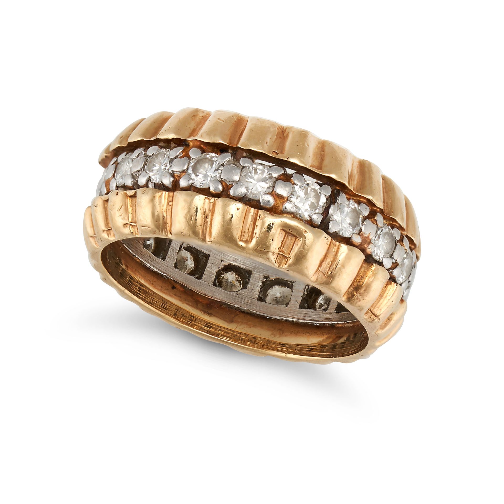 A DIAMOND BAND RING in yellow gold, set all around with a row of round brilliant cut diamonds, no...