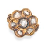AN ANTIQUE DIAMOND CLUSTER RING in yellow gold, set with a cluster of rose cut diamonds, no assay...