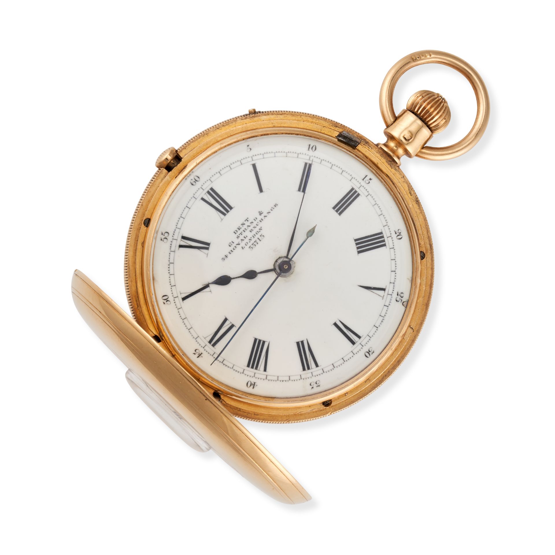 DENT - A DENT HALF HUNTER POCKET WATCH in 18ct yellow gold, the white porcelain dial with Roman n... - Image 2 of 2