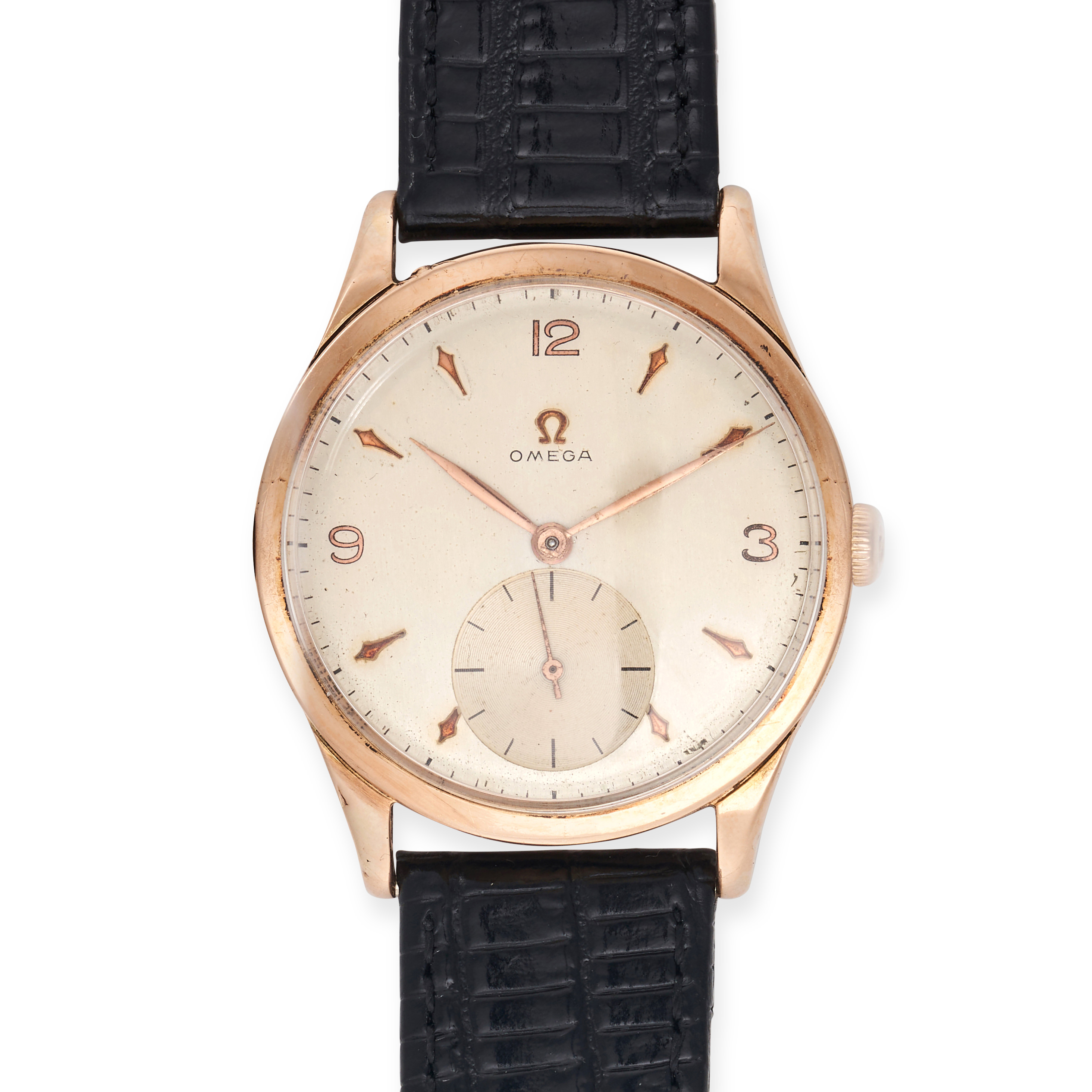 OMEGA - A VINTAGE OMEGA OVERSIZED WRISTWATCH in 18ct pink gold, manual wind 15 jewel movement, ca...