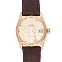 ROLEX - A ROLEX OYSTER PERPETUAL DATE WRISTWATCH in 18ct rose gold, 6827, c.1968, the silvered di...