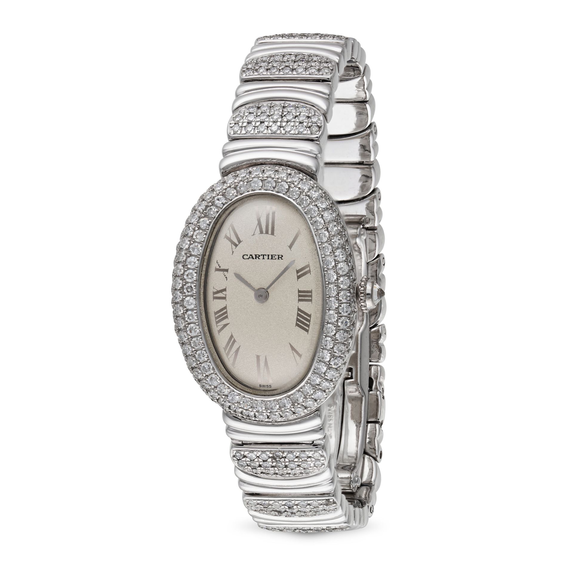 CARTIER - A LADIES DIAMOND CARTIER BAIGNOIRE WRISTWATCH in 18ct white gold, 1951 1, quartz moveme...