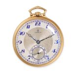 OMEGA - AN OMEGA POCKET WATCH in 18ct yellow gold, 6921510, the outer chapter ring with blue Arab...