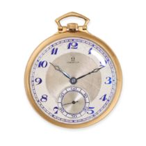 OMEGA - AN OMEGA POCKET WATCH in 18ct yellow gold, 6921510, the outer chapter ring with blue Arab...