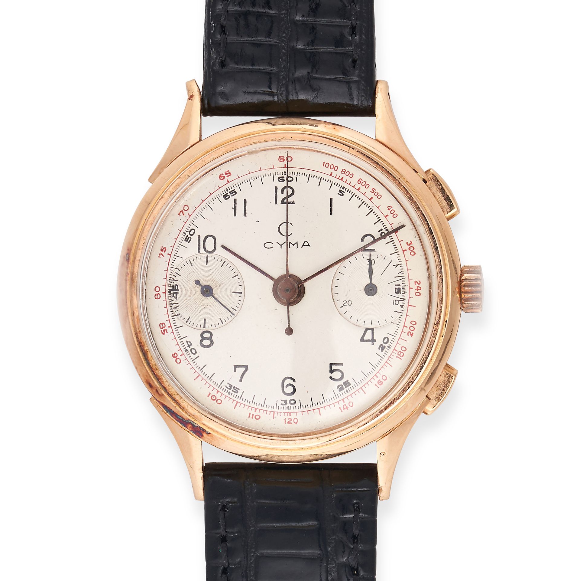 CYMA - A CYMA CHRONOGRAPH WRISTWATCH in 18ct yellow gold, 895XXX, the silvered dial with Arabic n...