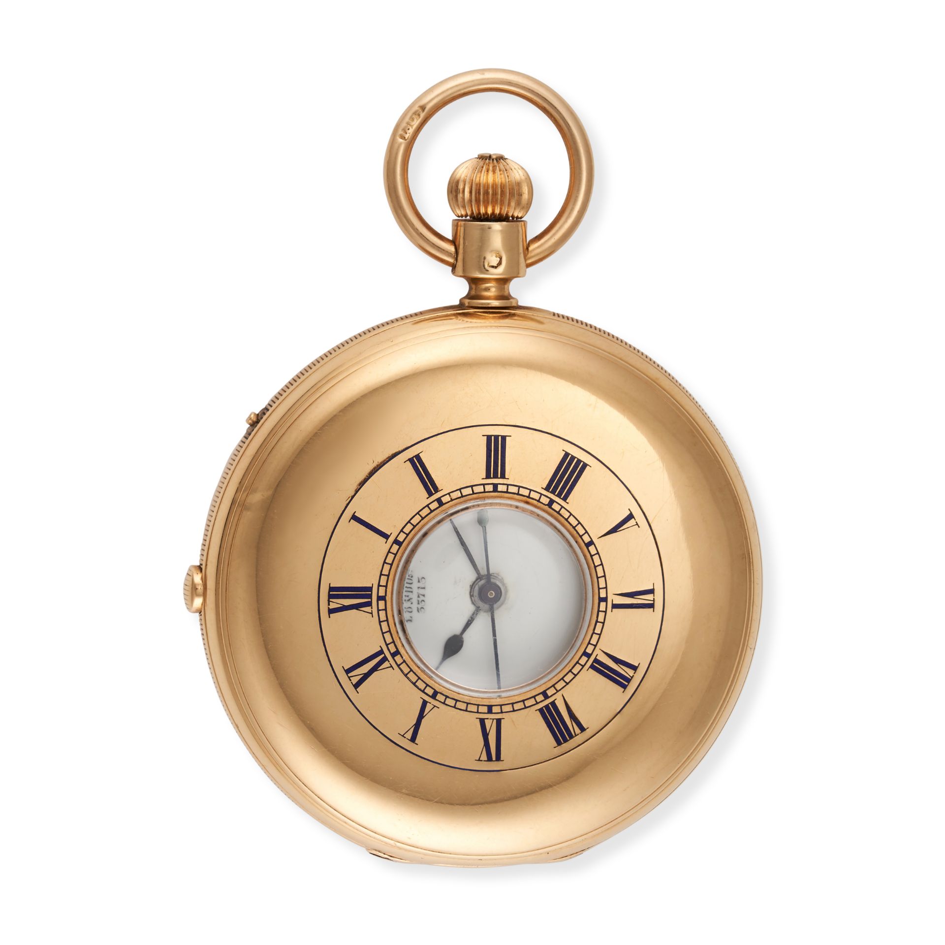 DENT - A DENT HALF HUNTER POCKET WATCH in 18ct yellow gold, the white porcelain dial with Roman n...