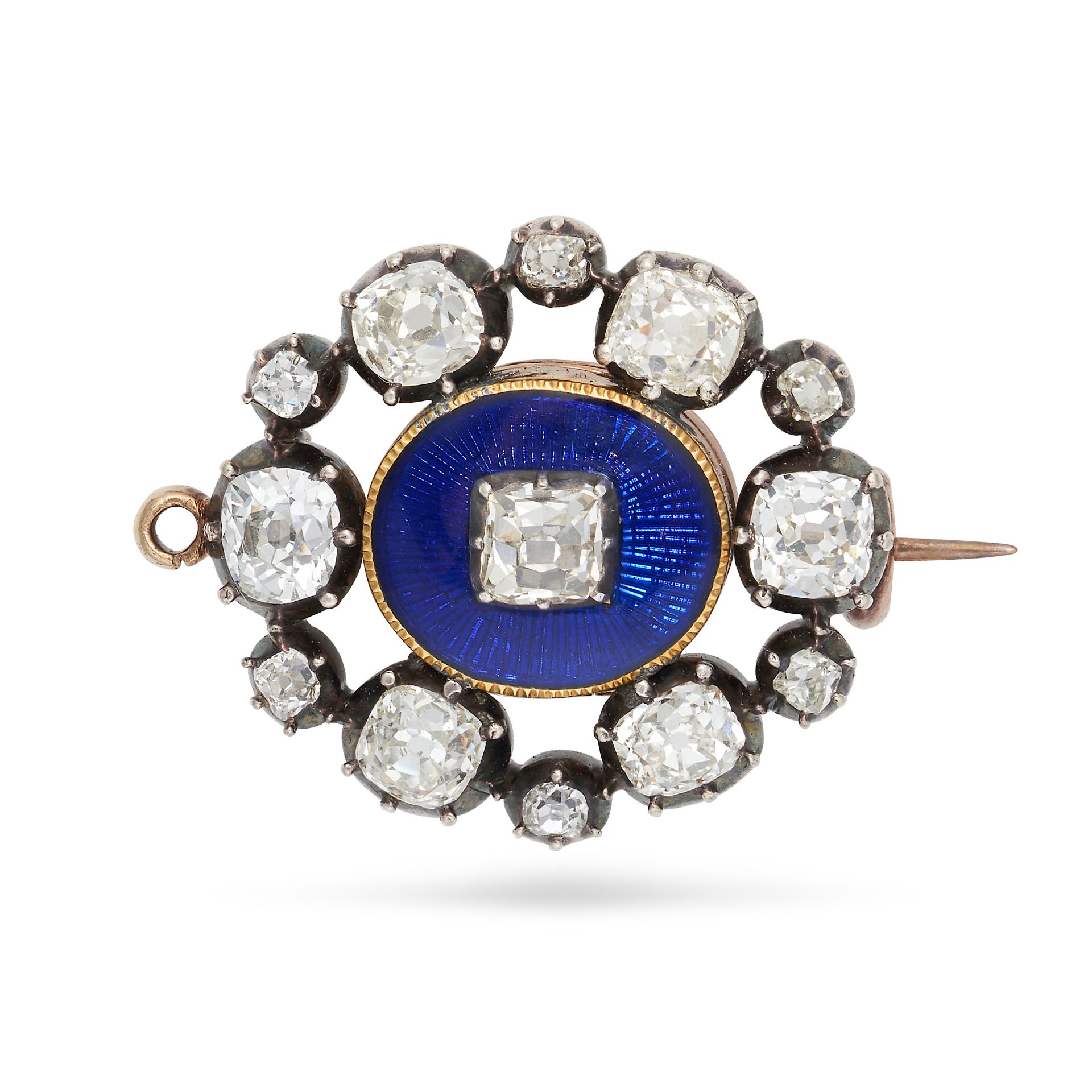 A FINE ANTIQUE DIAMOND AND ENAMEL BROOCH / PENDANT in yellow gold and silver, the oval body set w...