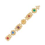 A GLASS INTAGLIO BRACELET in 18ct yellow gold, comprising a row of six square links and batons, s...