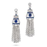 A PAIR OF SAPPHIRE AND DIAMOND TASSEL DROP EARRINGS in platinum, set throughout with round brilli...