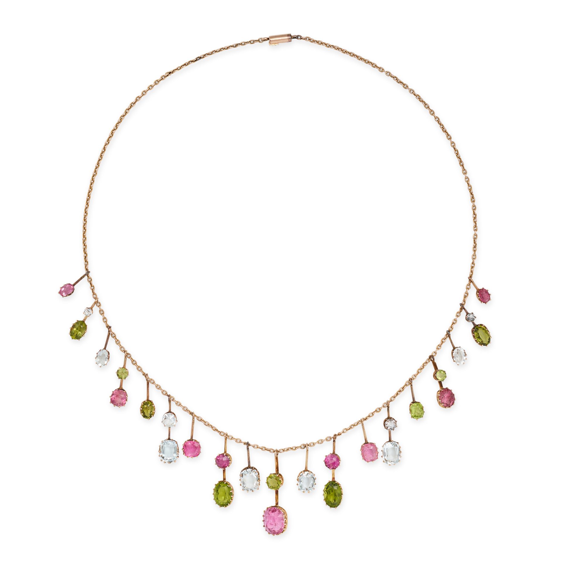 AN ANTIQUE PINK TOURMALINE, PERIDOT AND AQUAMARINE FRINGE NECKLACE in 15ct yellow gold, the chain... - Image 2 of 2