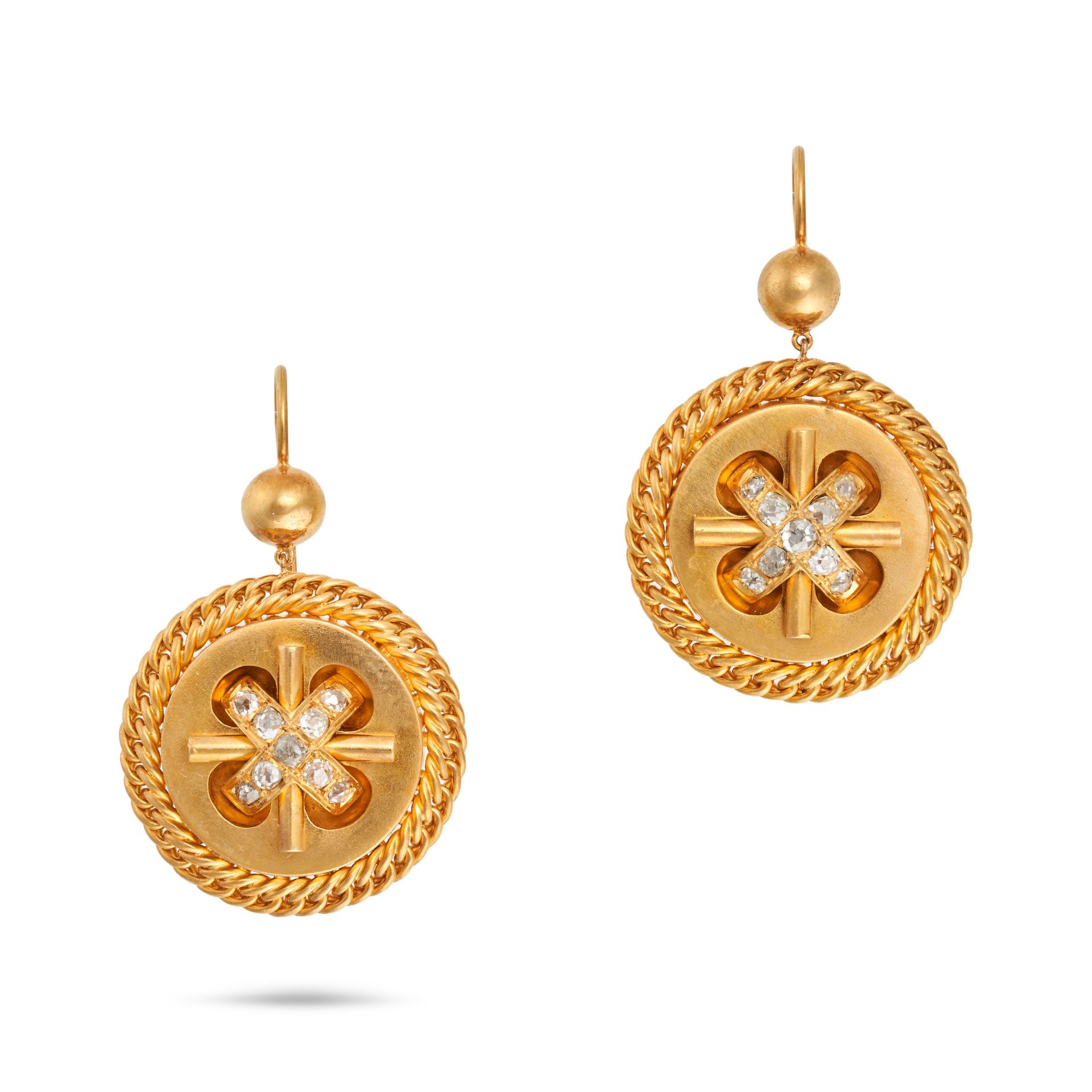 A PAIR OF ANTIQUE DIAMOND DROP EARRINGS in yellow gold, each comprising a gold bead suspending a ...