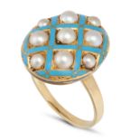AN ANTIQUE PEARL AND ENAMEL RING in 14ct yellow gold, the oval face set with pearls accented by t...