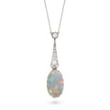 AN OPAL AND DIAMOND PENDANT NECKLACE set with an old cut diamond suspending a tapering link set w...