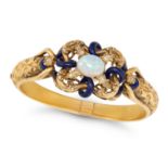 AN ANTIQUE OPAL, DIAMOND AND ENAMEL BANGLE in yellow gold, the hinged bangle in foliate design, s...