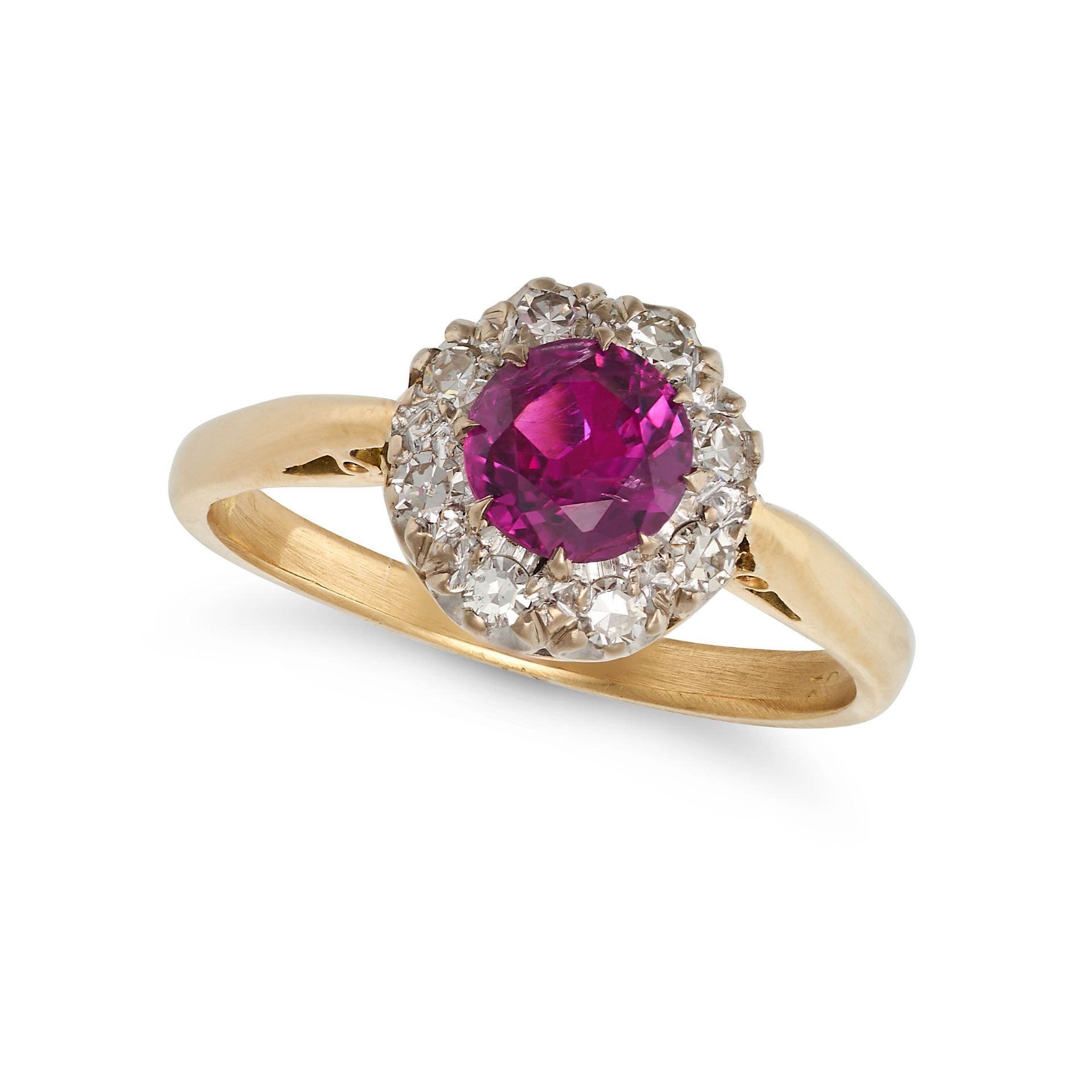 A RUBY AND DIAMOND CLUSTER RING in 18ct yellow gold and platinum, set with a round cut ruby of ap...