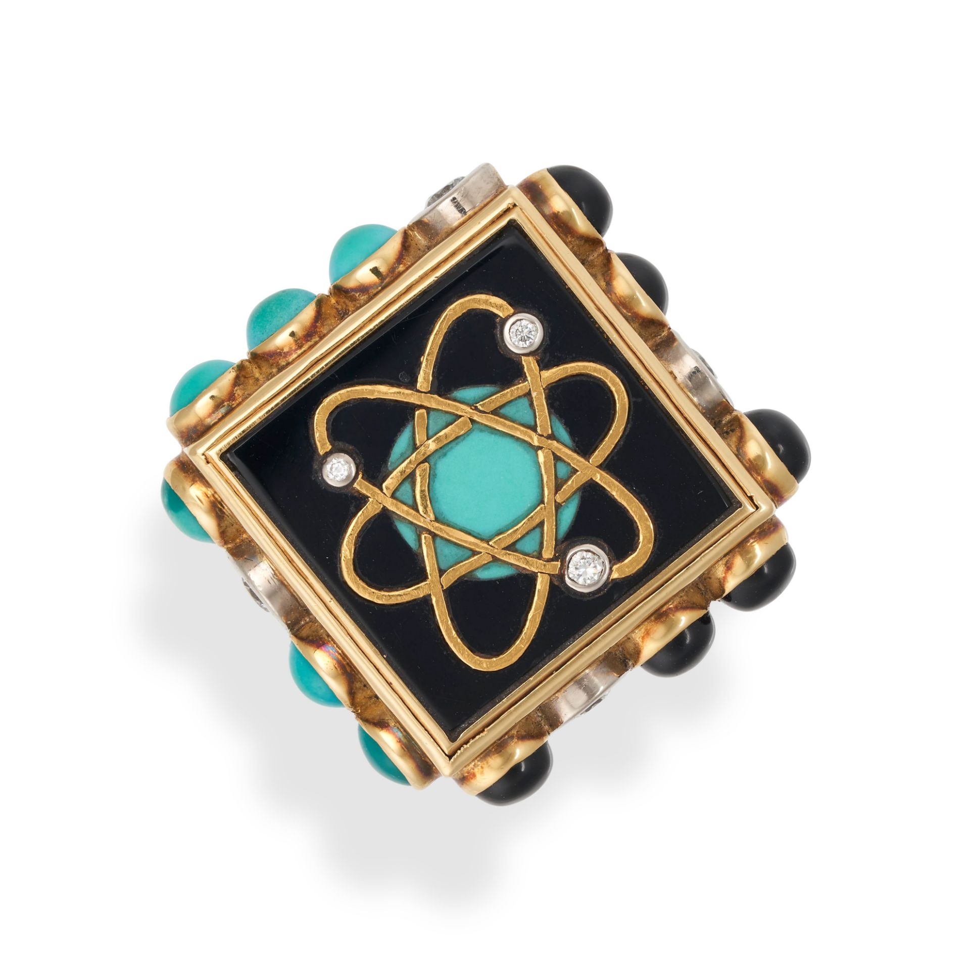 SOLANGE AZAGURY-PARTRIDGE, AN ONYX, TURQUOISE AND DIAMOND COSMIC ATOM RING in 18ct yellow gold, t...