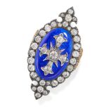 AN ANTIQUE DIAMOND AND ENAMEL RING in yellow gold and silver, the oval face decorated with blue e...