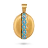 AN ANTIQUE PEARL AND ENAMEL LOCKET PENDANT in yellow gold, set with a row of pearls accented by t...