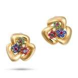 A PAIR OF DIAMOND AND GEM SET FLOWER EARRINGS in 18ct yellow gold, the earrings designed as clust...