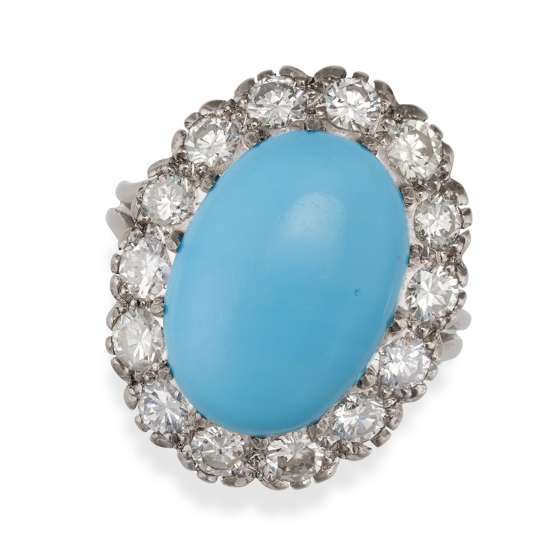 A RECONSTITUTED TURQUOISE AND DIAMOND CLUSTER RING in 18ct white gold, set with a cabochon recons...