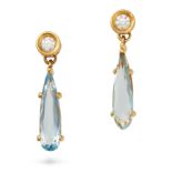 A PAIR OF DIAMOND AND AQUAMARINE DROP EARRINGS in yellow gold, each set with a round brilliant cu...